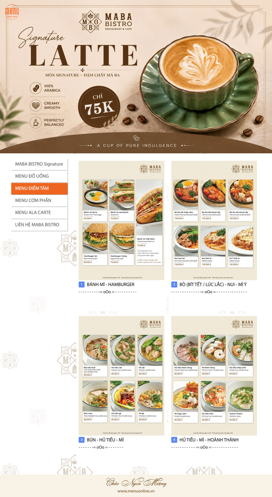 Menu online hiển thị nội dung rất đẹp